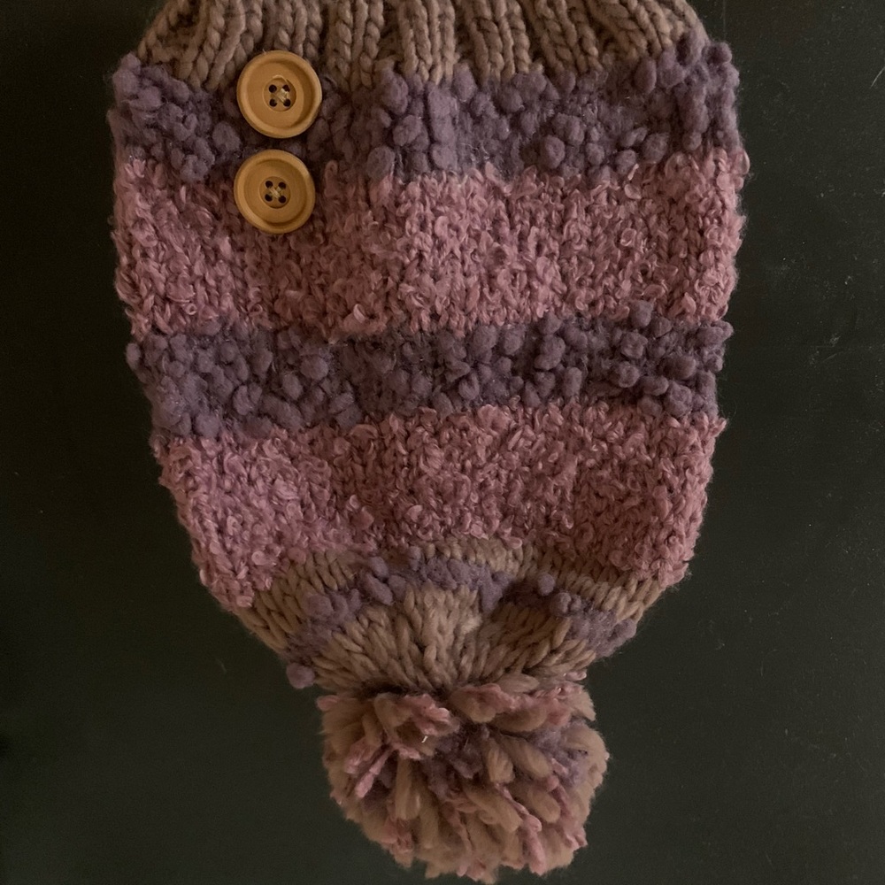 Purple and brown knit poof hat with buttons